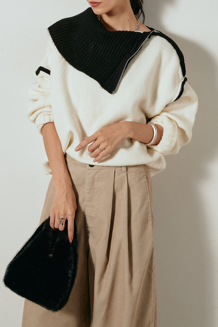 [SET]ハイネックジップデザインニットトップス+フロントタック入りコーデュロイパンツ(2set)