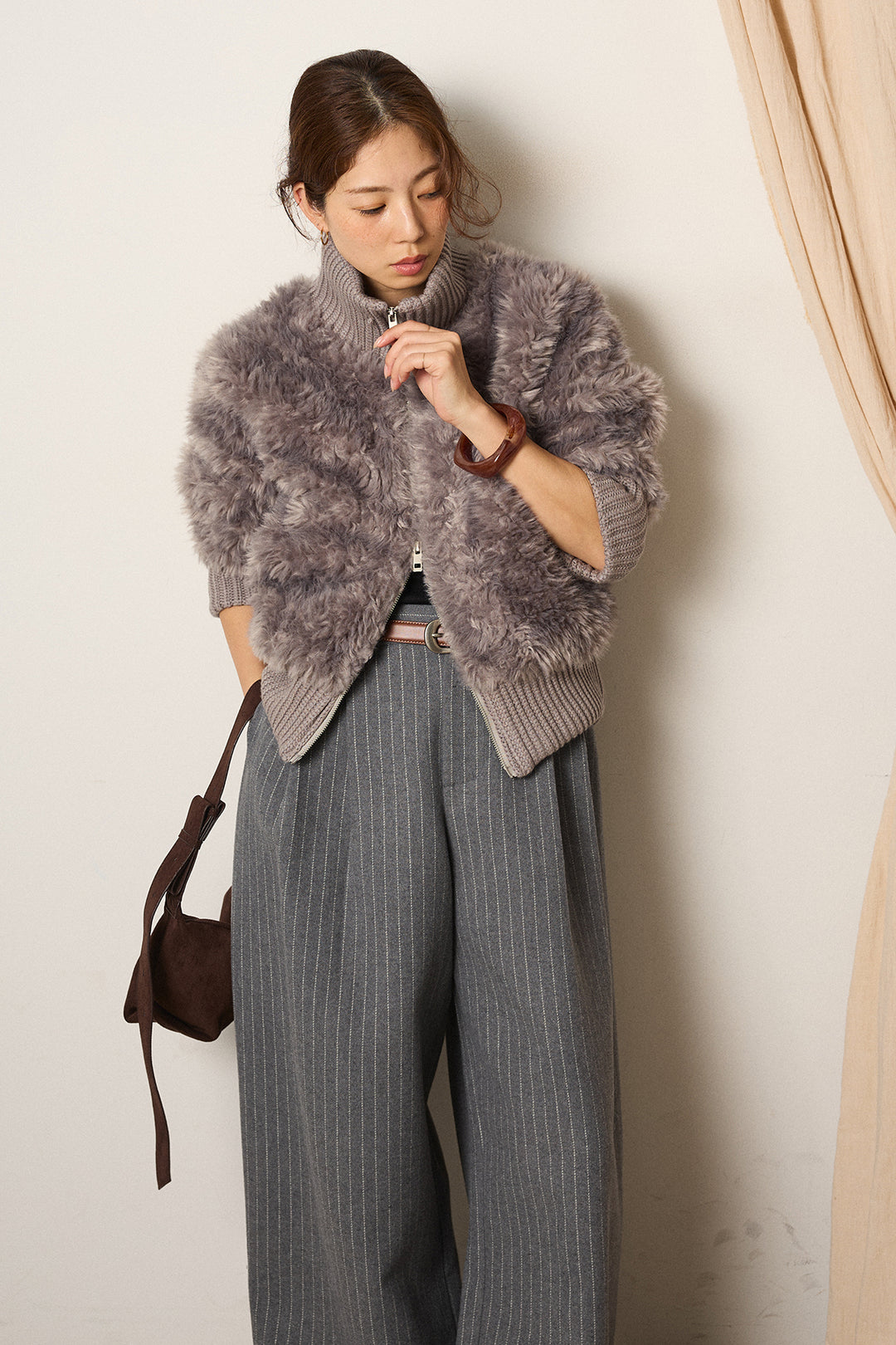 [SET]ハイネックボアブルゾン+ウールライクストライプパンツ(2set)