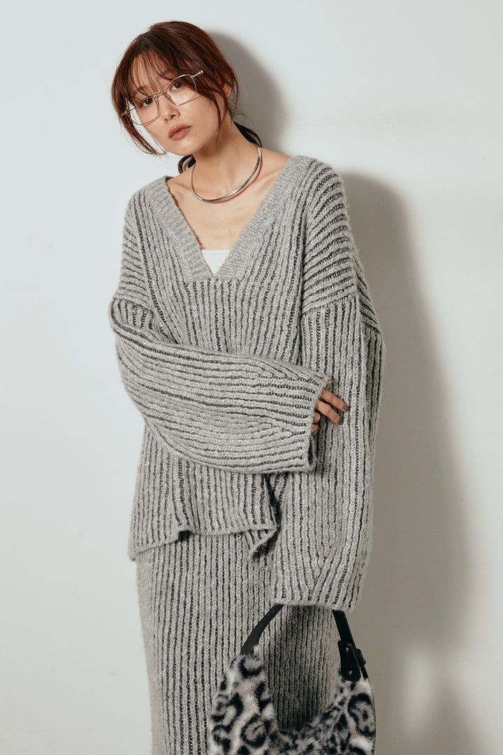 [SET]アルパカタッチ深Vニットトップス+アルパカタッチニットタイトスカート(2set)