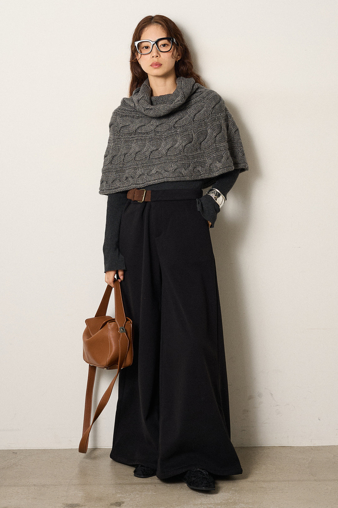 [SET]ケーブル編みケープレイヤードニット+サイドベルトパンツ(2set)