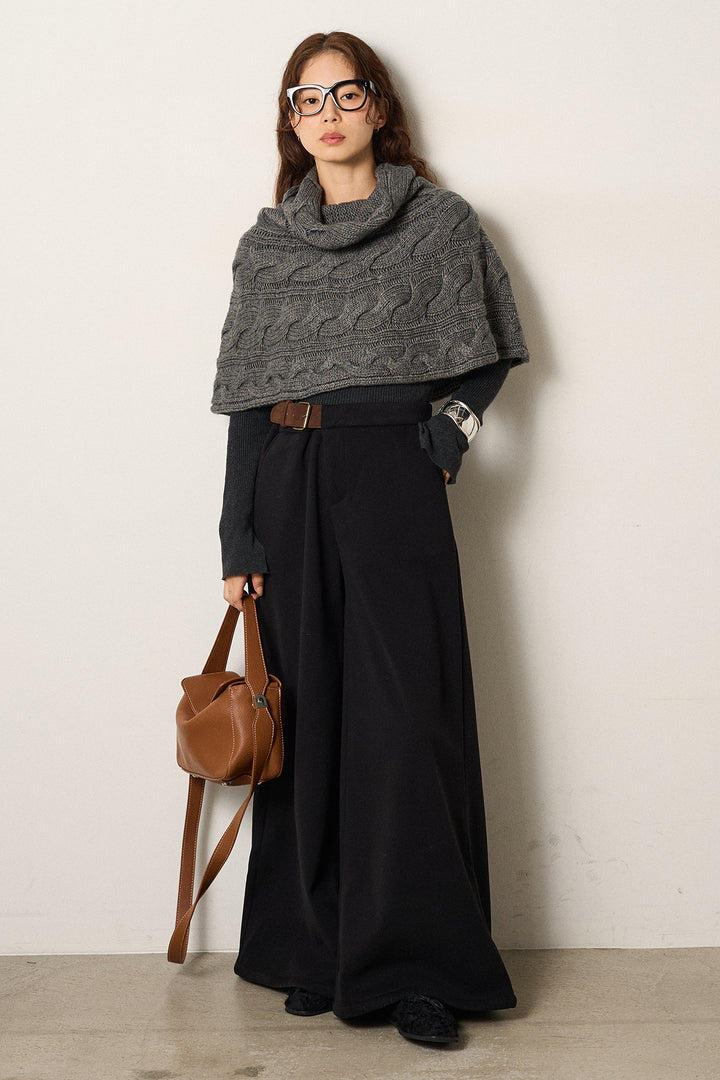 [SET]ケーブル編みケープレイヤードニット+サイドベルトパンツ(2set)