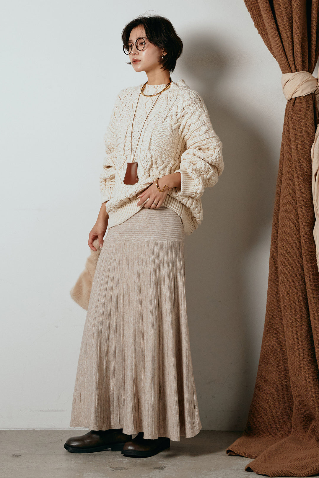 [SET]アラン柄ミックスケーブルニット+編み地切り替えフレアニットスカート(2set)