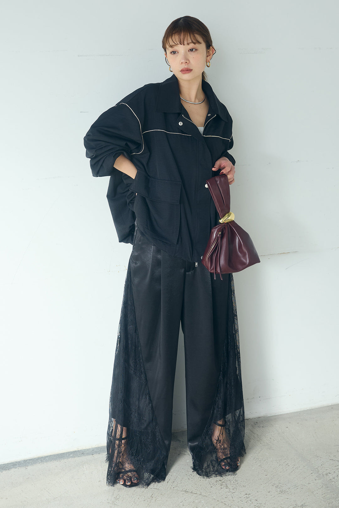 [SET]合繊ツイルバルーンジャケット+サテンレース切り替えタックパンツ(2set)