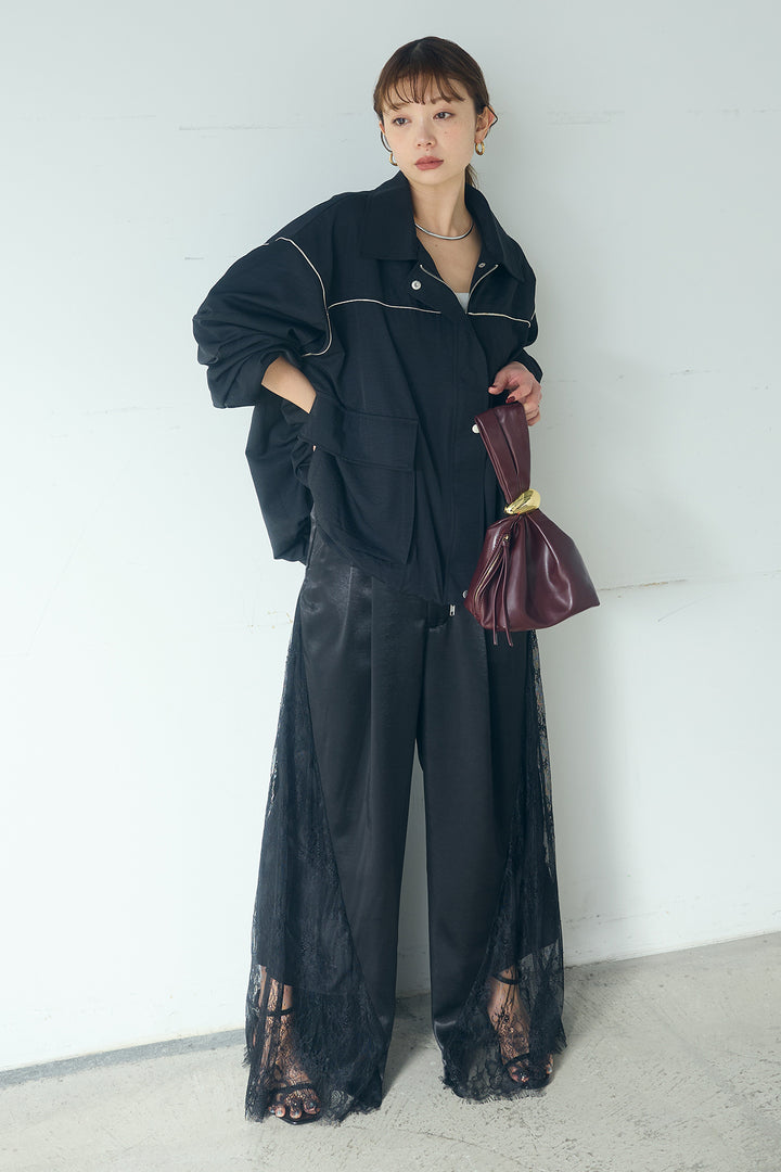 [SET]合繊ツイルバルーンジャケット+サテンレース切り替えタックパンツ(2set)