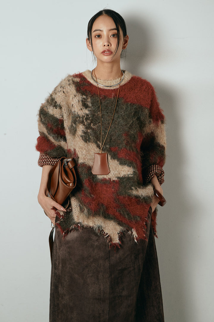 [SET]起毛裾デザインニュアンス柄ニットトップス+エコスウェードワイドスカート(2set)