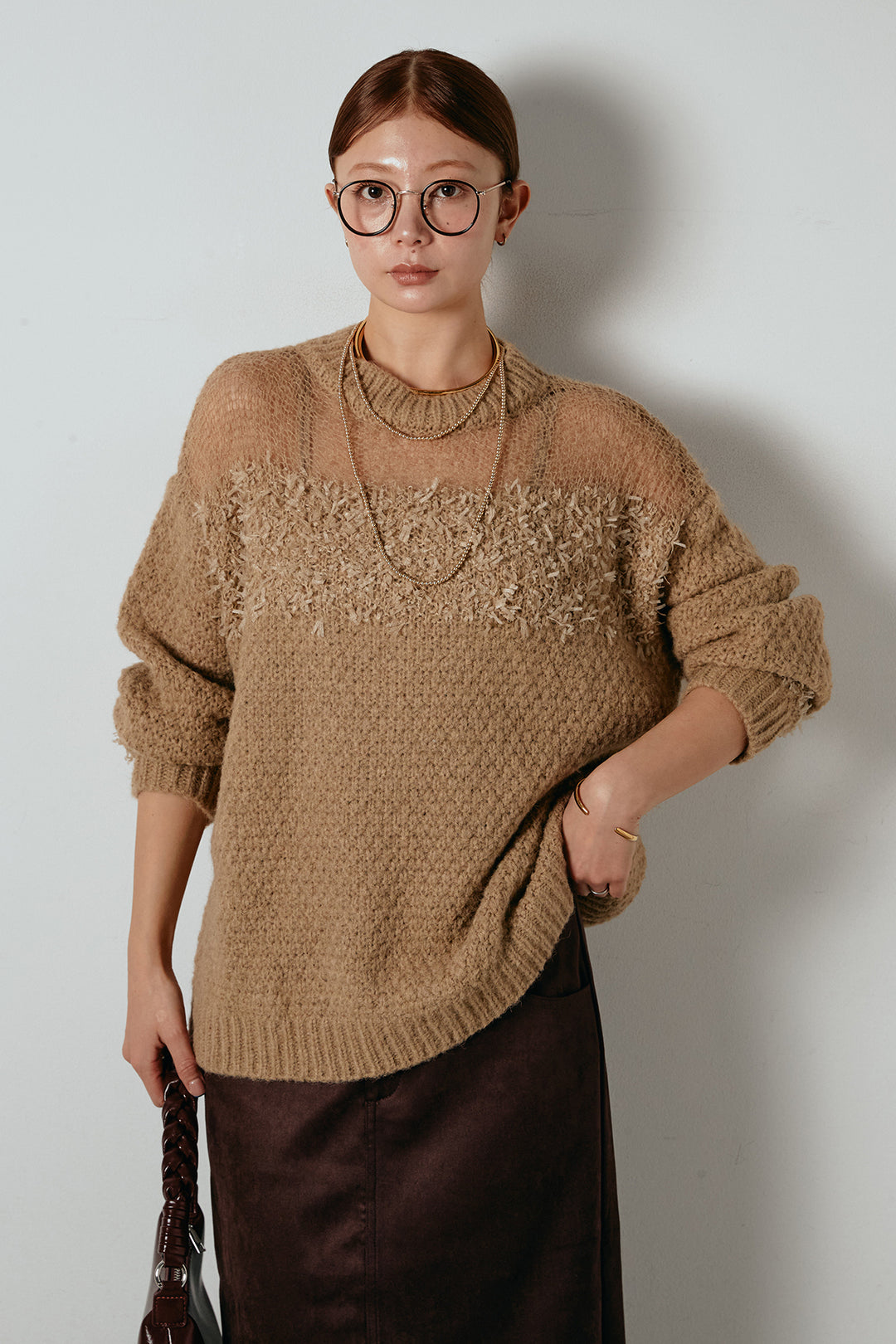 [SET]パターンランダム編みニットトップス+スウェードライク裾フリンジスカート(2set)