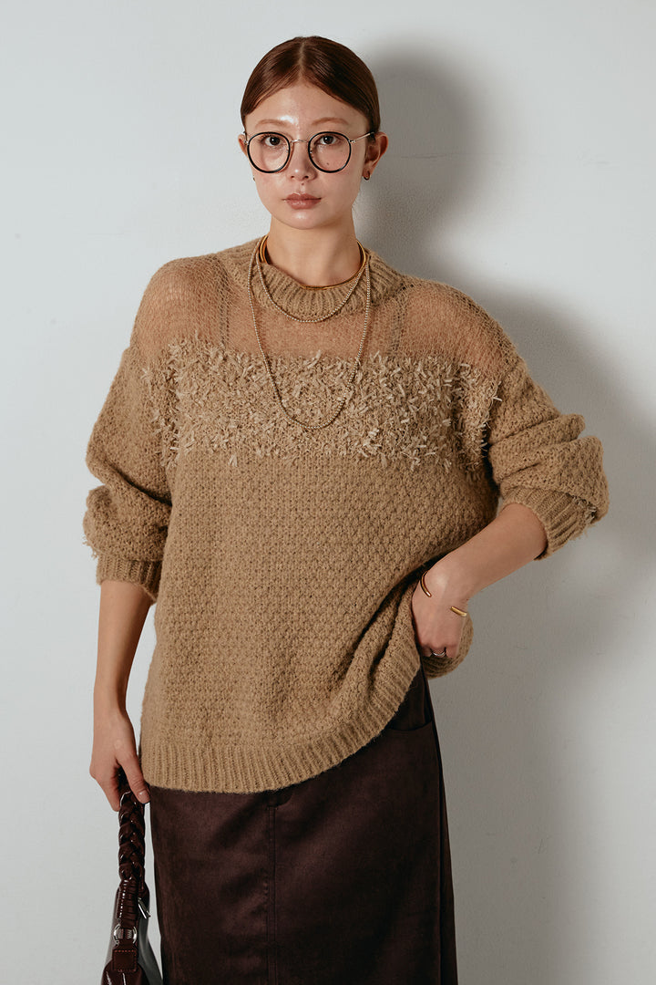 [SET]パターンランダム編みニットトップス+スウェードライク裾フリンジスカート(2set)