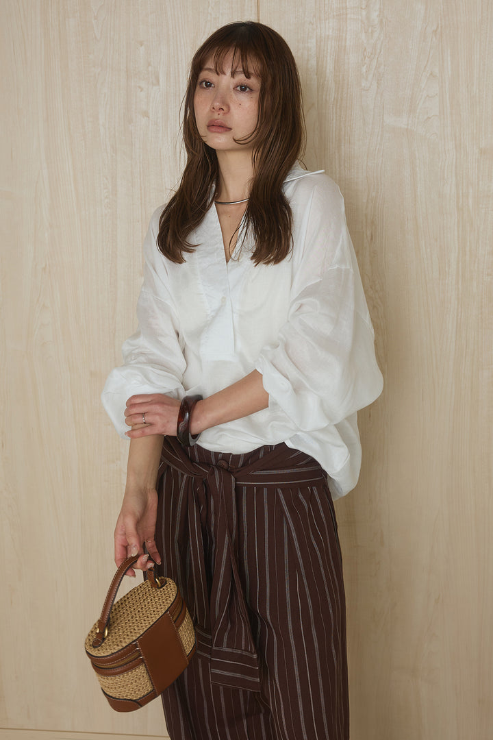 [SET]襟付きボタンブラウス+ウエスト巻きピンストライプパンツ(2set)