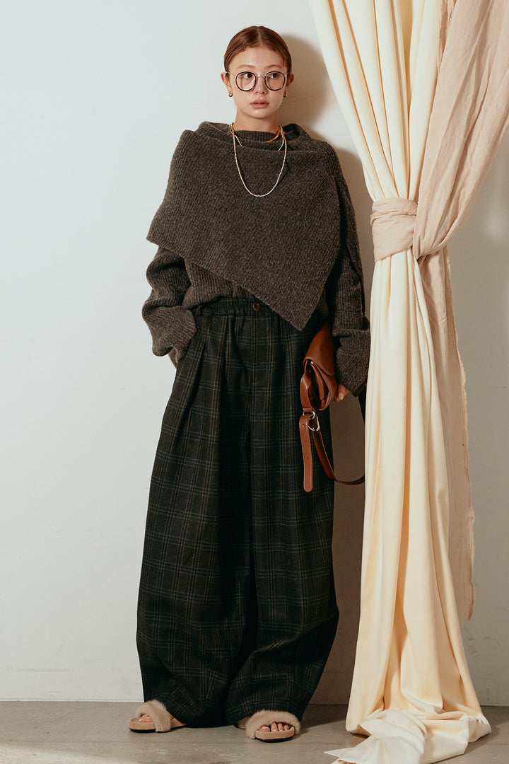 [SET]ケープデザインリブニットトップス+タータンチェック柄タックパンツ(2set)