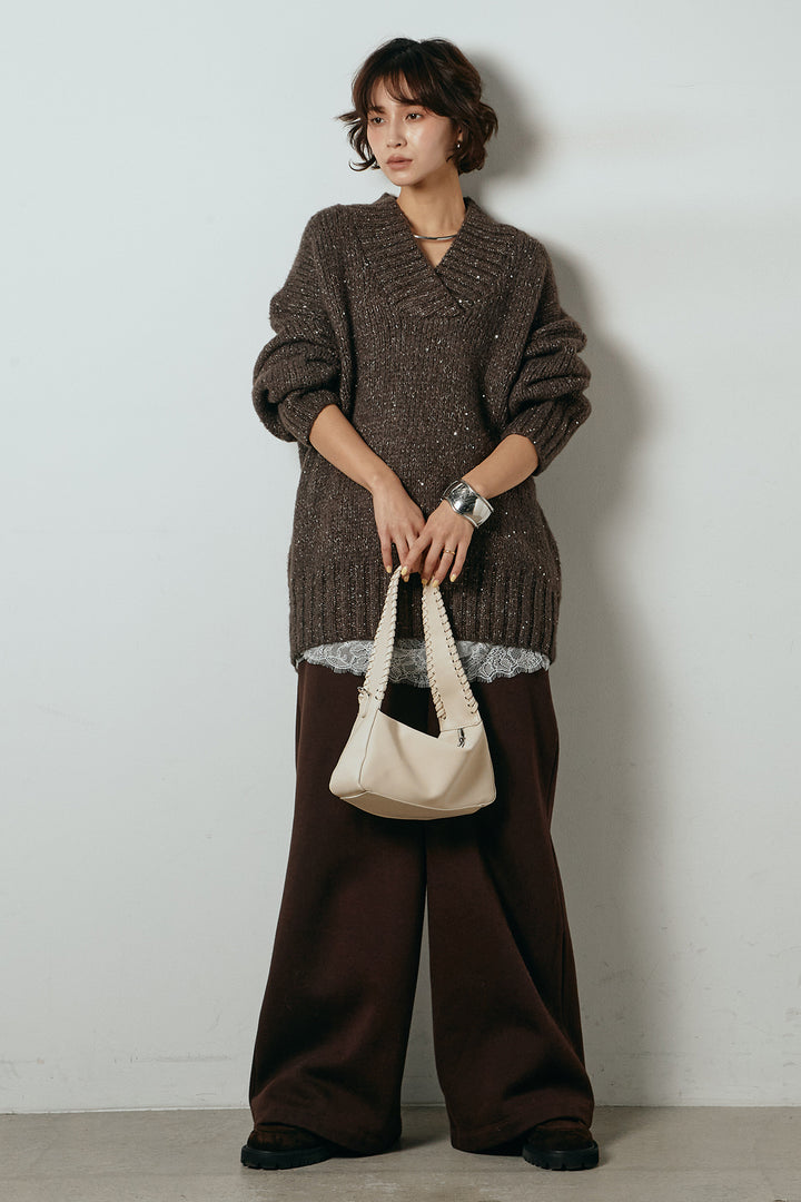 [SET]Vネックラメニットトップス+レース切り替えキャミソール(2set)