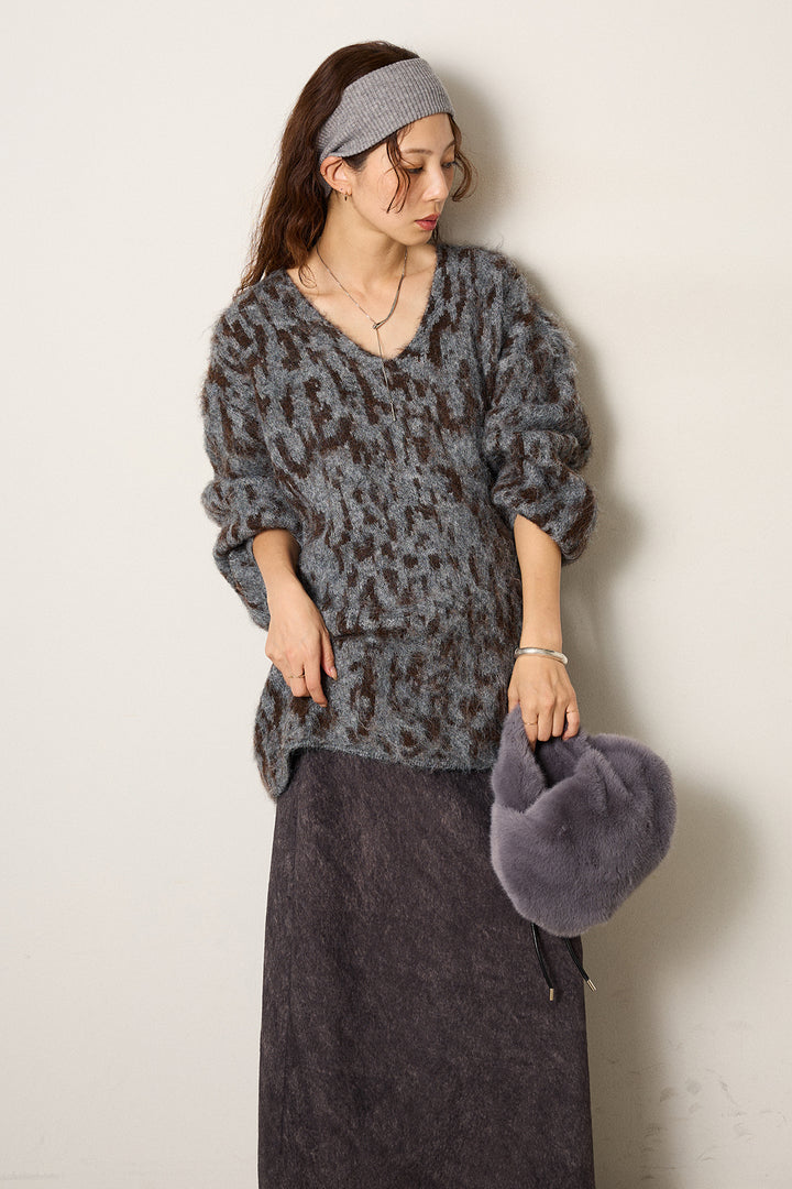 [SET]フラッフィーレオパードシャギーニット+ロープベルト付きスウェード調スカート(2set)