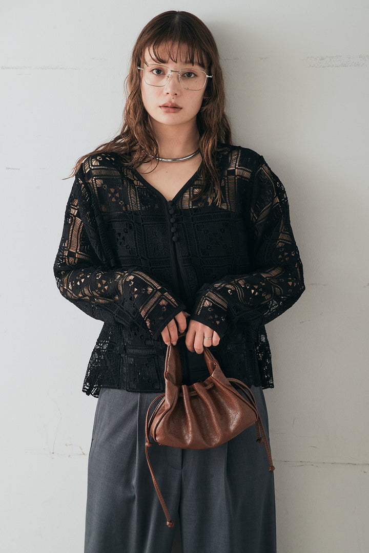 [SET]クロシェレースカーディガン+センタープレスセミワイドパンツ(2set)