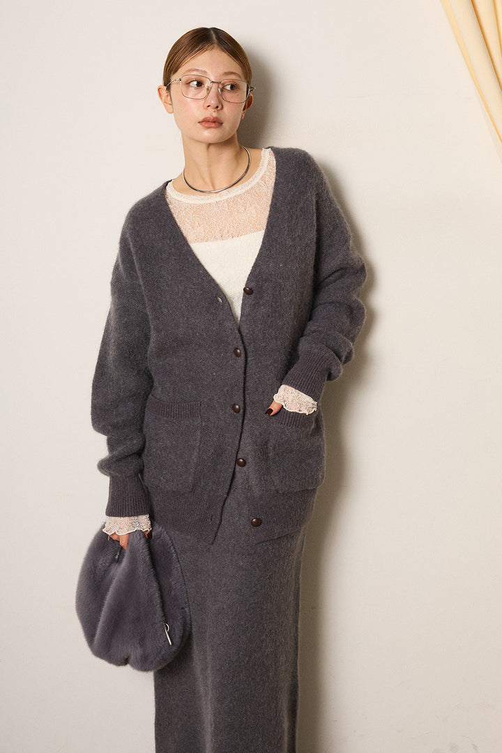 [SET]丸ボタン起毛ニットカーディガン+起毛ニットロングスカート(2set)