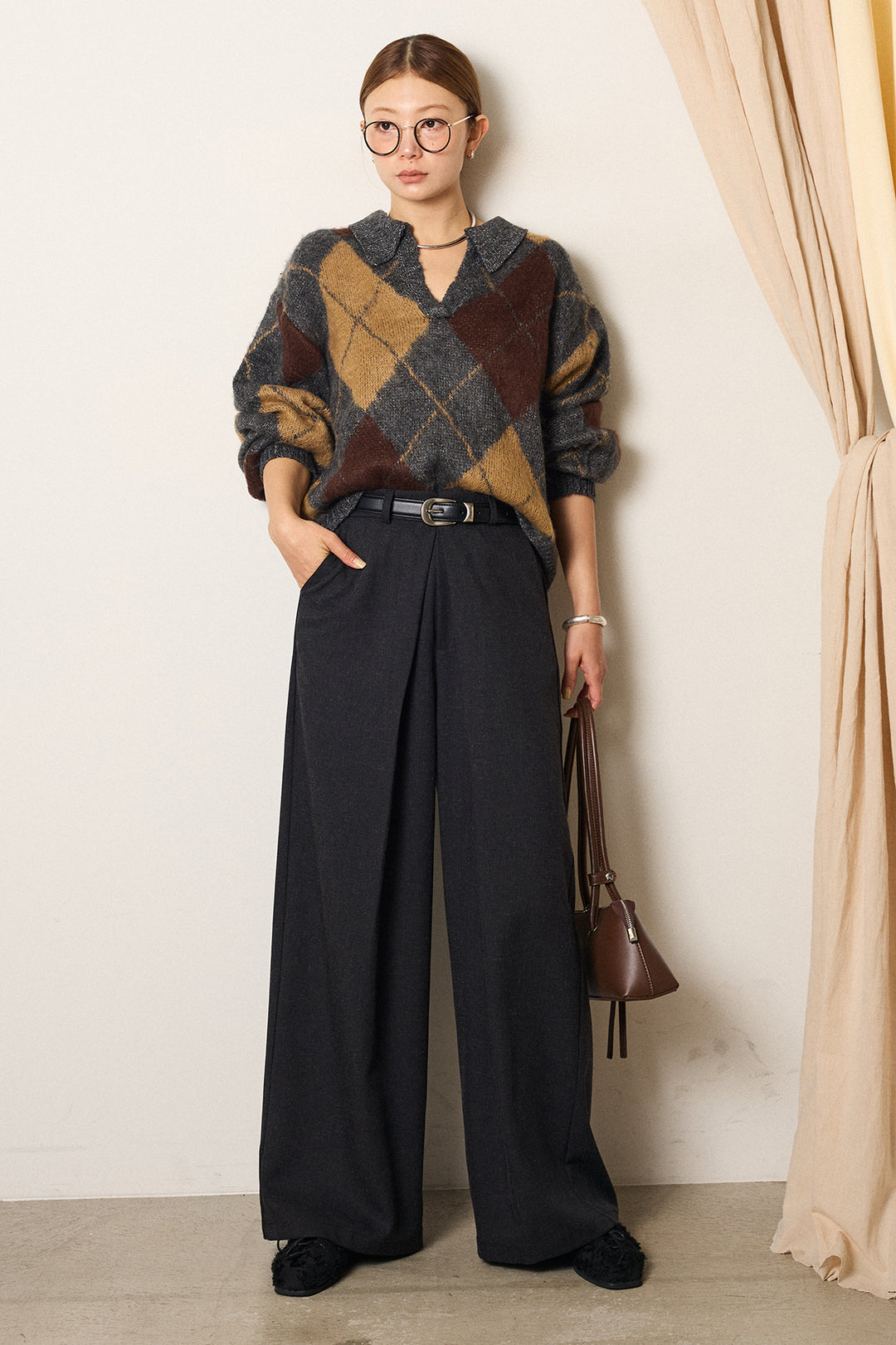 [SET]アクリルモヘアアーガイルキーネックプルオーバー+フロントワイドタックネップ入ワイドパンツ(2set)