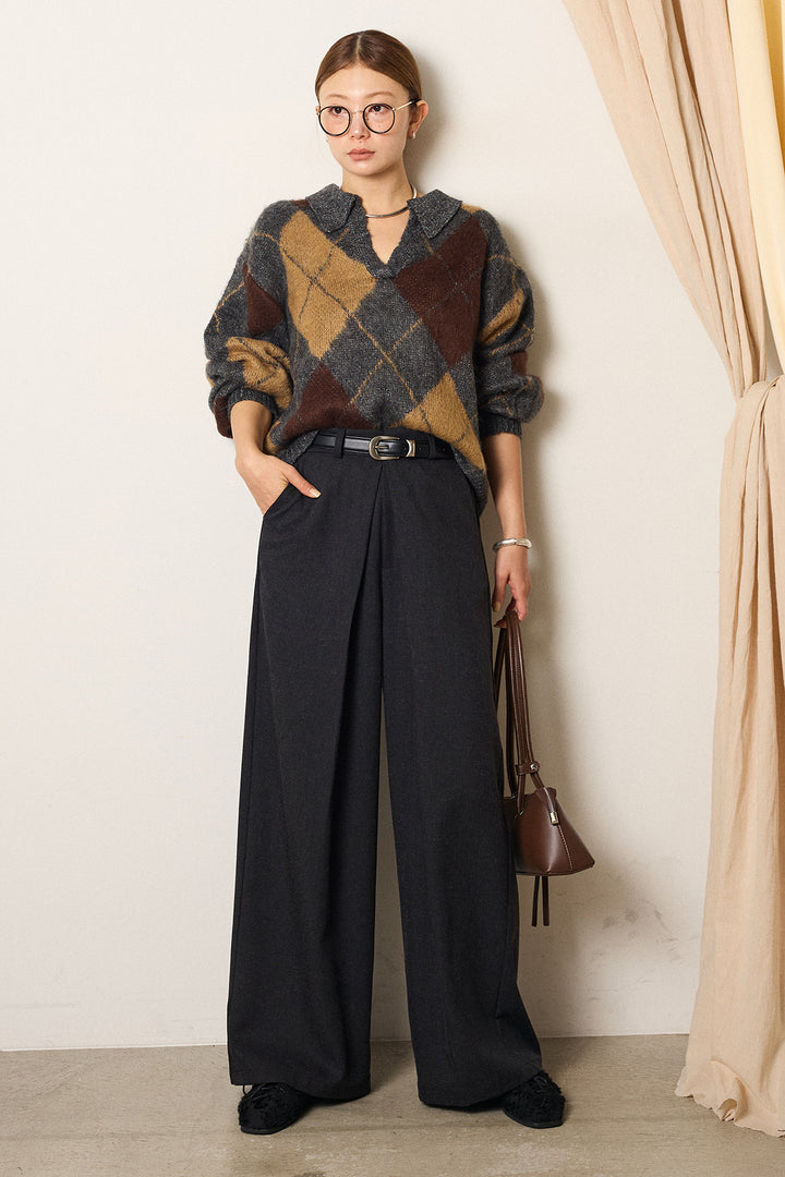 [SET]アクリルモヘアアーガイルキーネックプルオーバー+フロントワイドタックネップ入ワイドパンツ(2set)