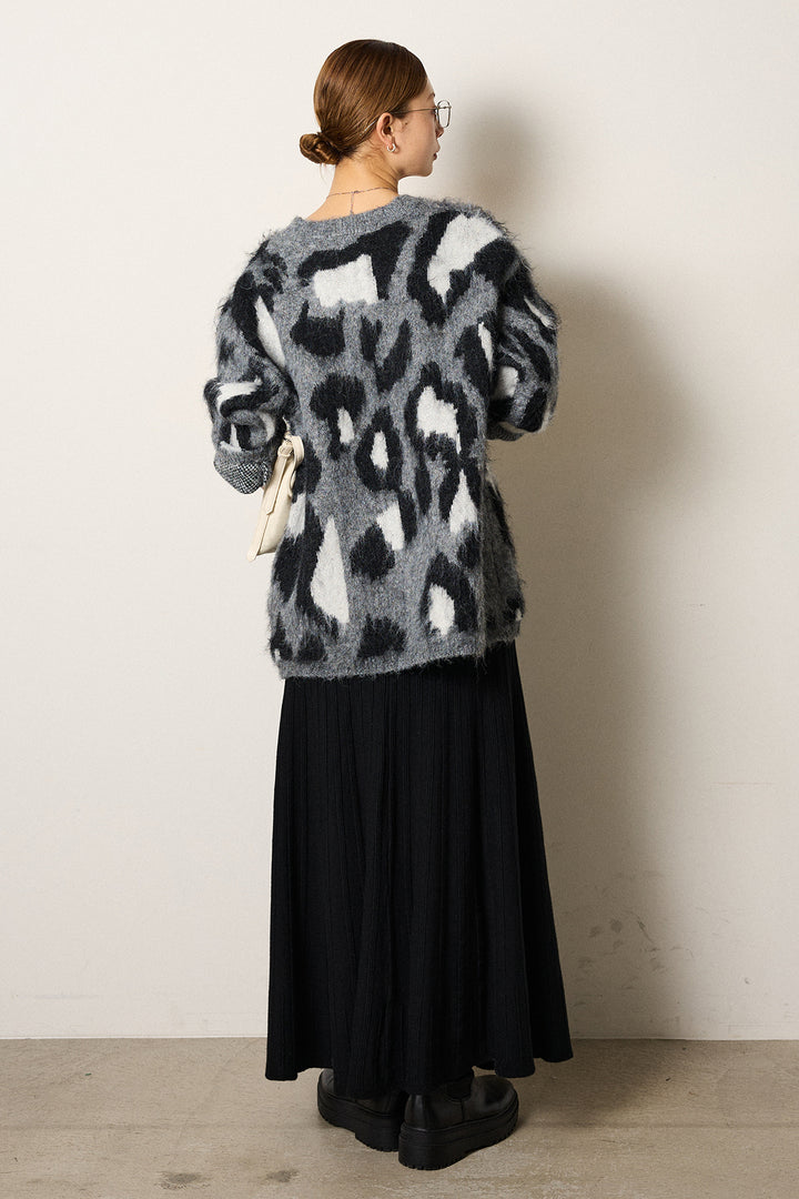 [SET]ルーズアニマルモヘアニットトップス+編み地切り替えフレアニットスカート(2set)