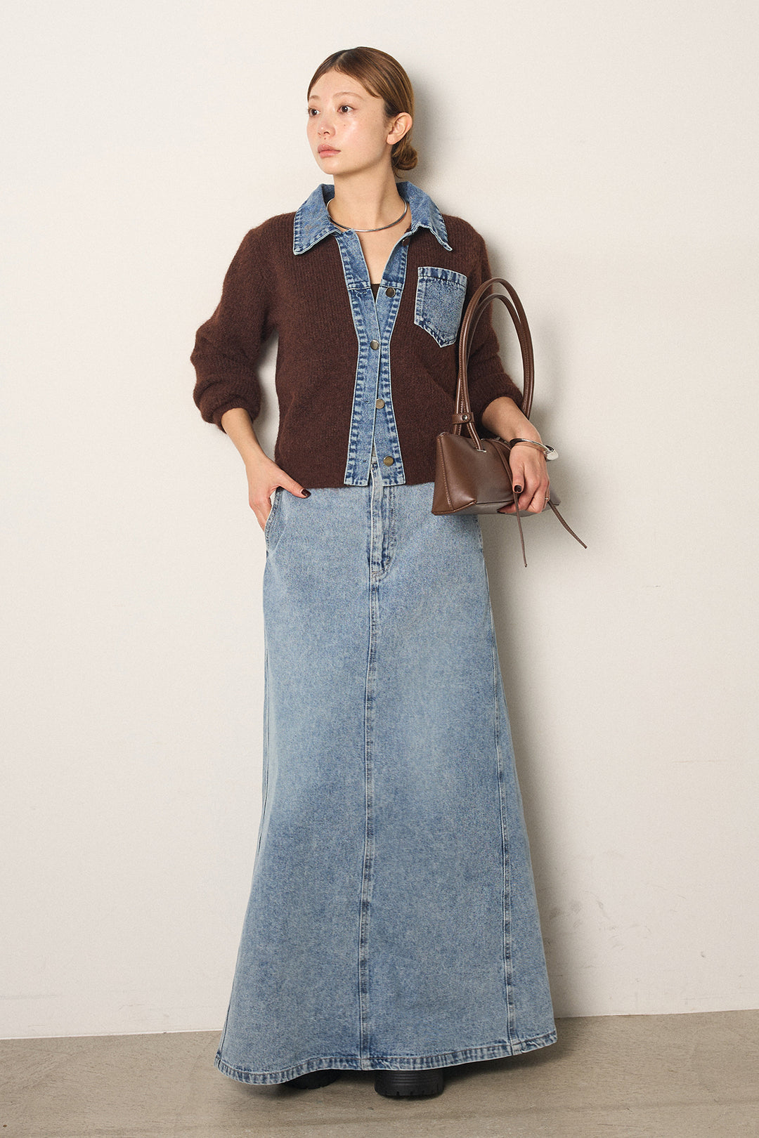 [SET]襟付きデニム切替ニットカーディガン+デニムロングフレアスカート(2set)