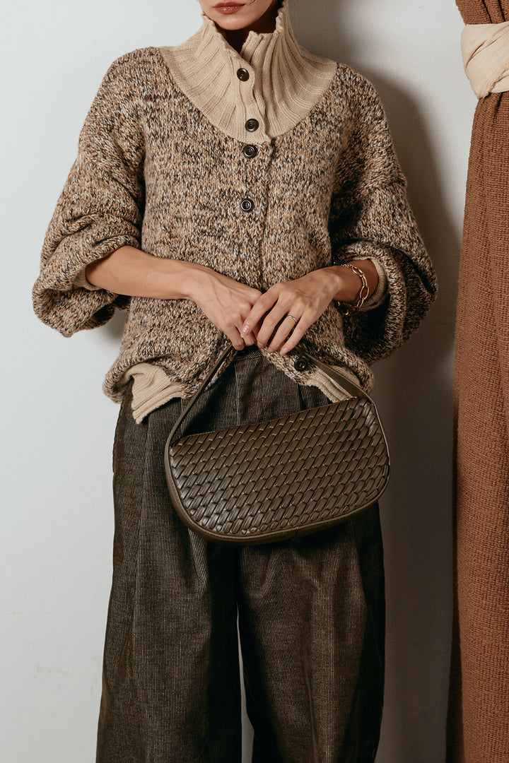 [SET]ハイネックミックスニットカーディガン+フロントタック入りコーデュロイパンツ(2set)