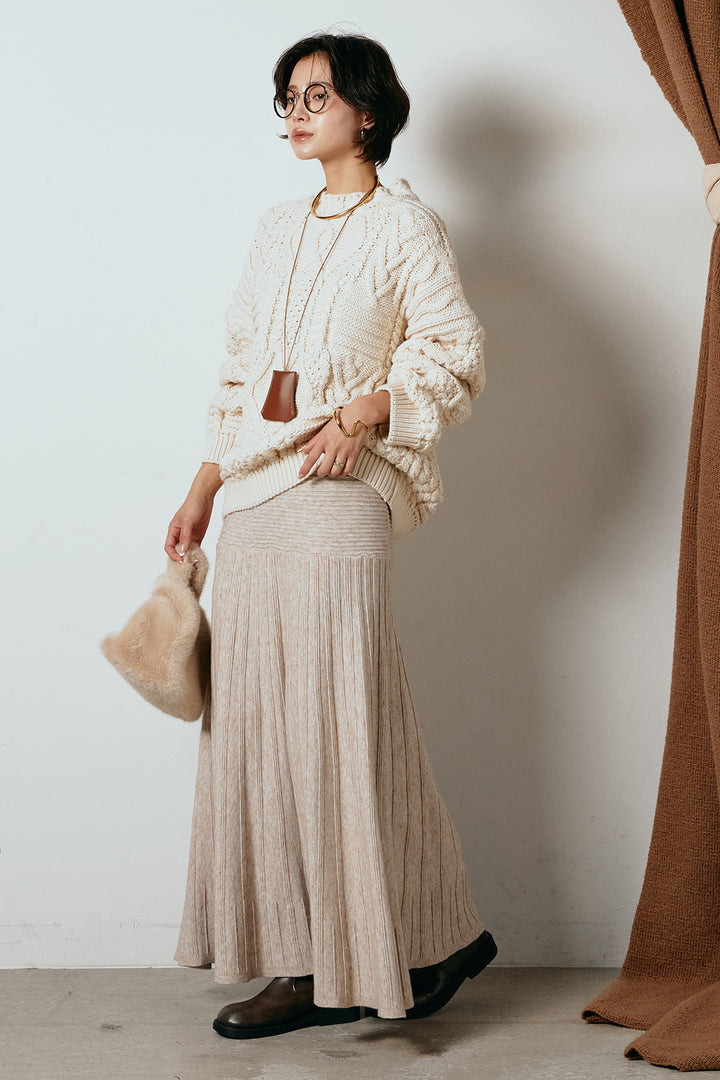 [SET]アラン柄ミックスケーブルニット+編み地切り替えフレアニットスカート(2set)