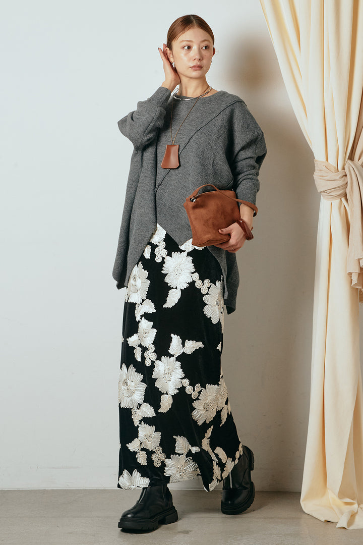 [SET]アシンメトリーデザインニットトップス+フラワー刺繍ワイドスカート(2set)