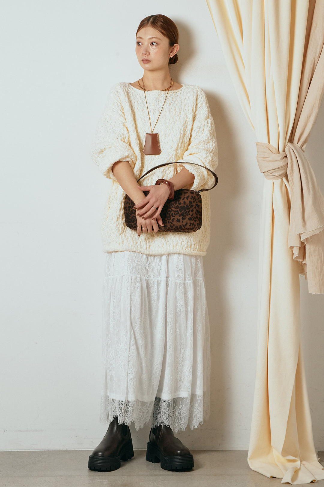 [SET]ボリューム編みニットプルオーバー+ひげレース切替ロング丈スカート(2set)