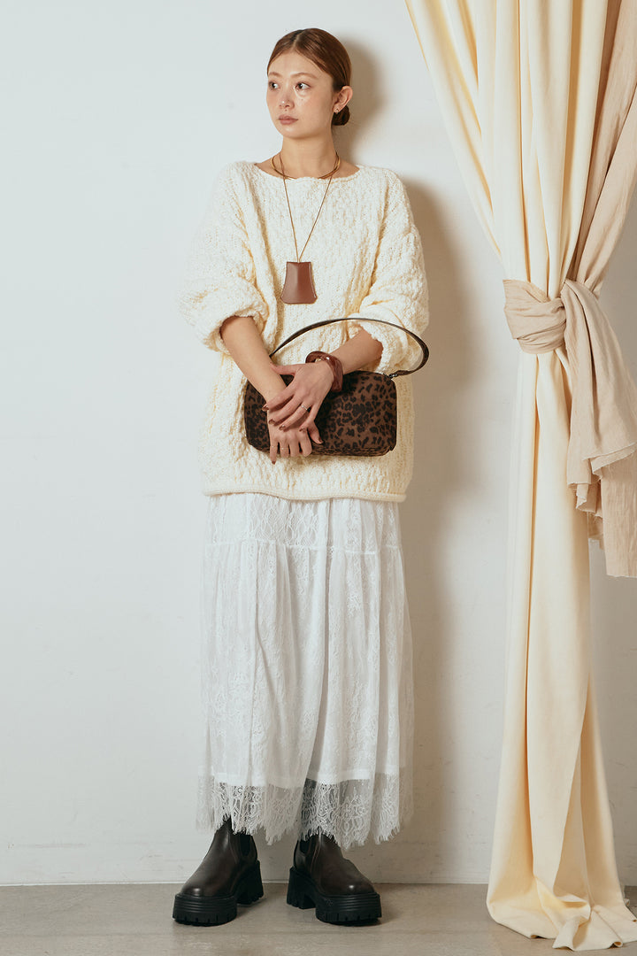 [SET]ボリューム編みニットプルオーバー+ひげレース切替ロング丈スカート(2set)