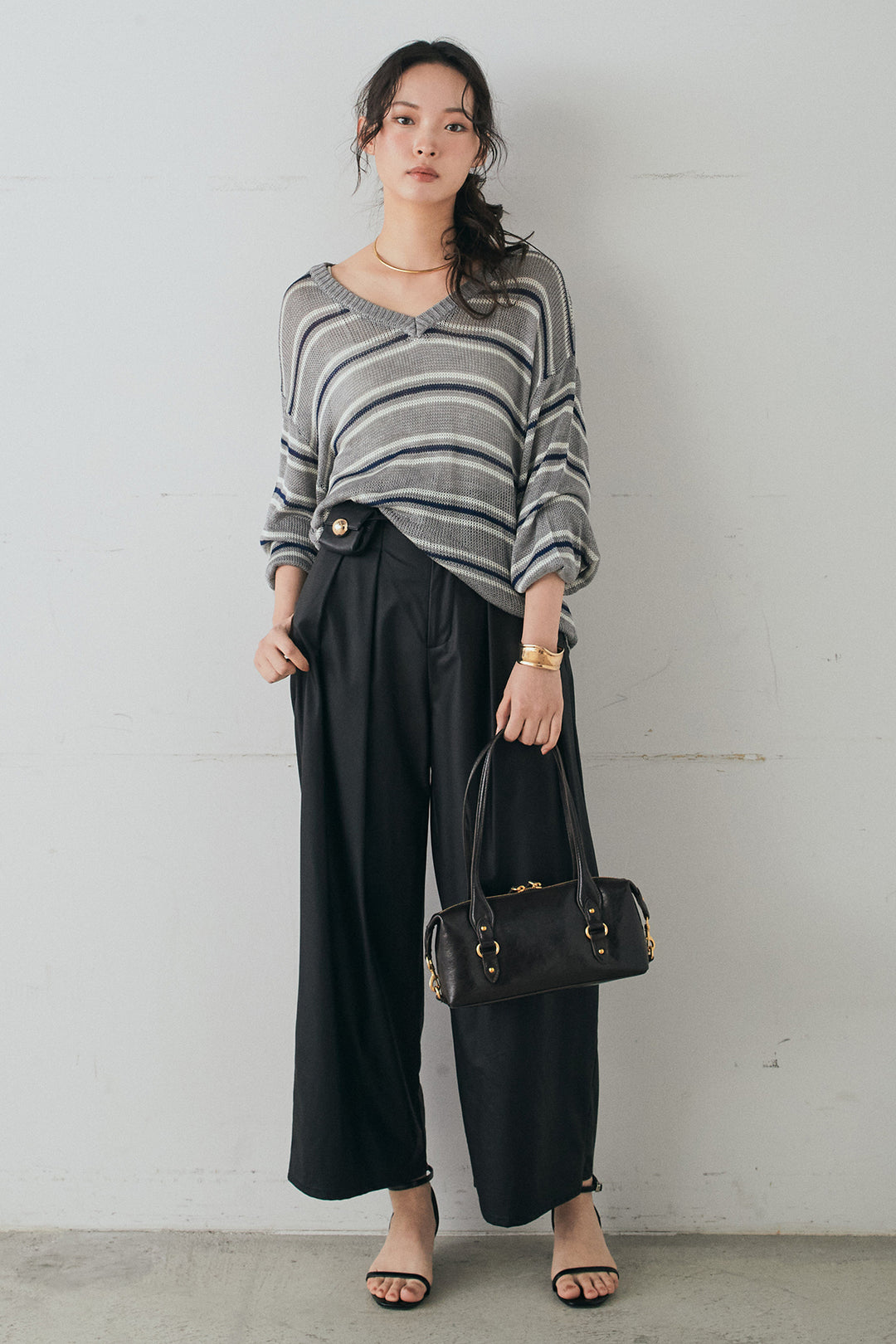 [SET]綿タッチVネックボーダートップス+ウォッシャブルエコレザータックパンツ(2set)