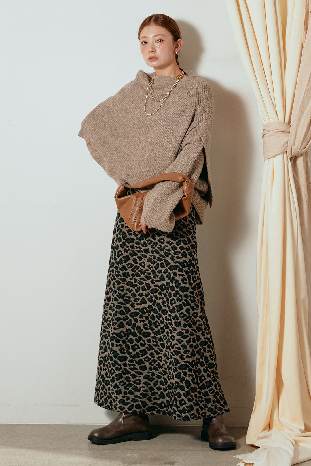 [SET]ケープデザインリブニットトップス+レオパードロングスカート(2set)