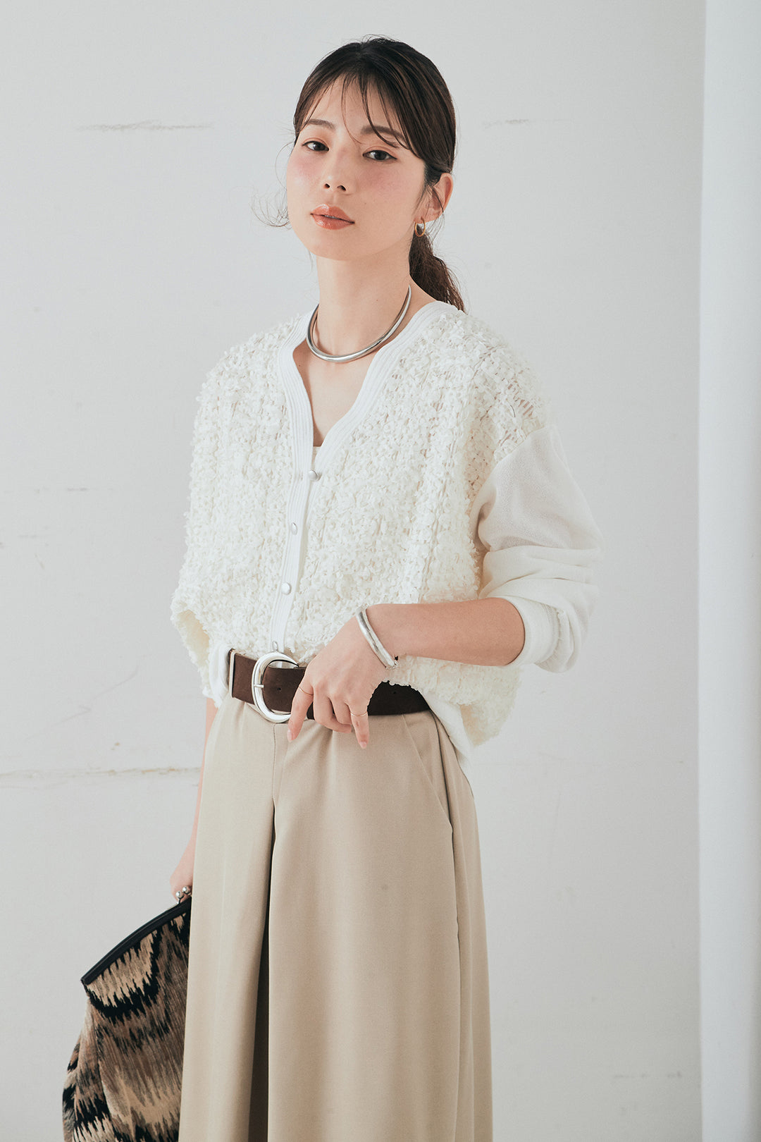 [SET]モコレースVネックカーディガン+太ベルト付きフロントタックパンツ(2set)