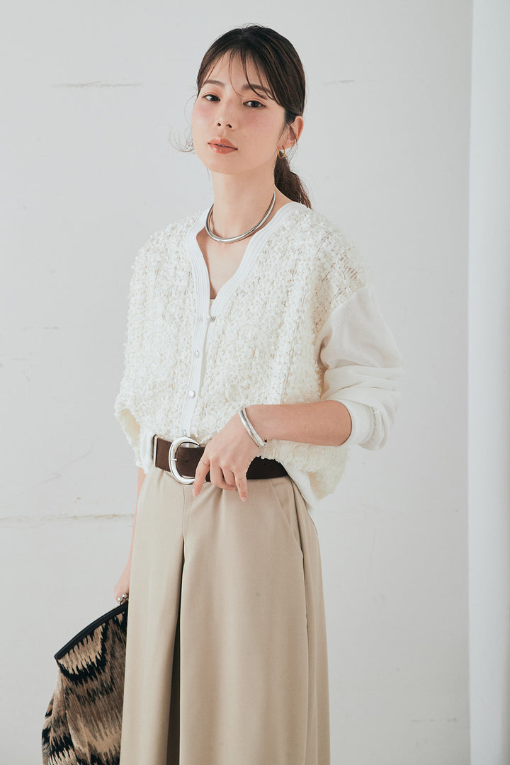 [SET]モコレースVネックカーディガン+太ベルト付きフロントタックパンツ(2set)