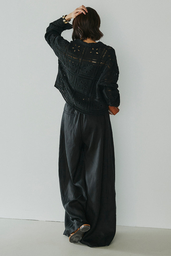 [SET]鍵編みフラワーレースカーディガン+タック入りワイドパンツ(2set)