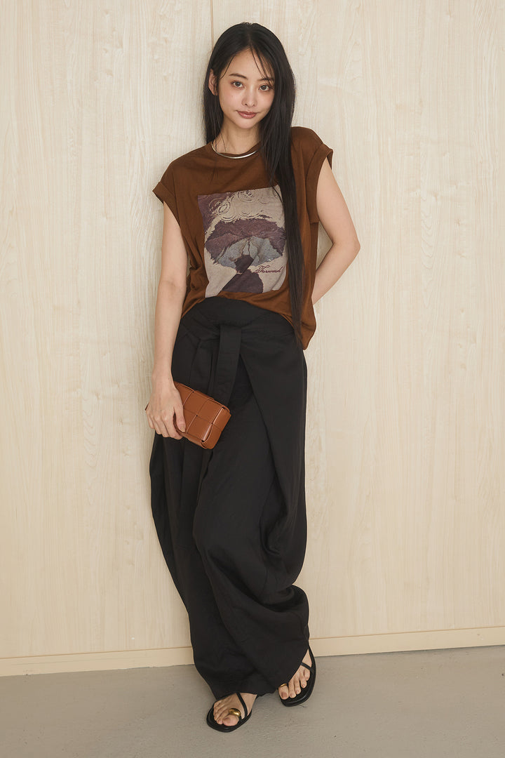 [SET]スクエアニュアンス柄Tシャツ+前結びタックワイドパンツ(2set)