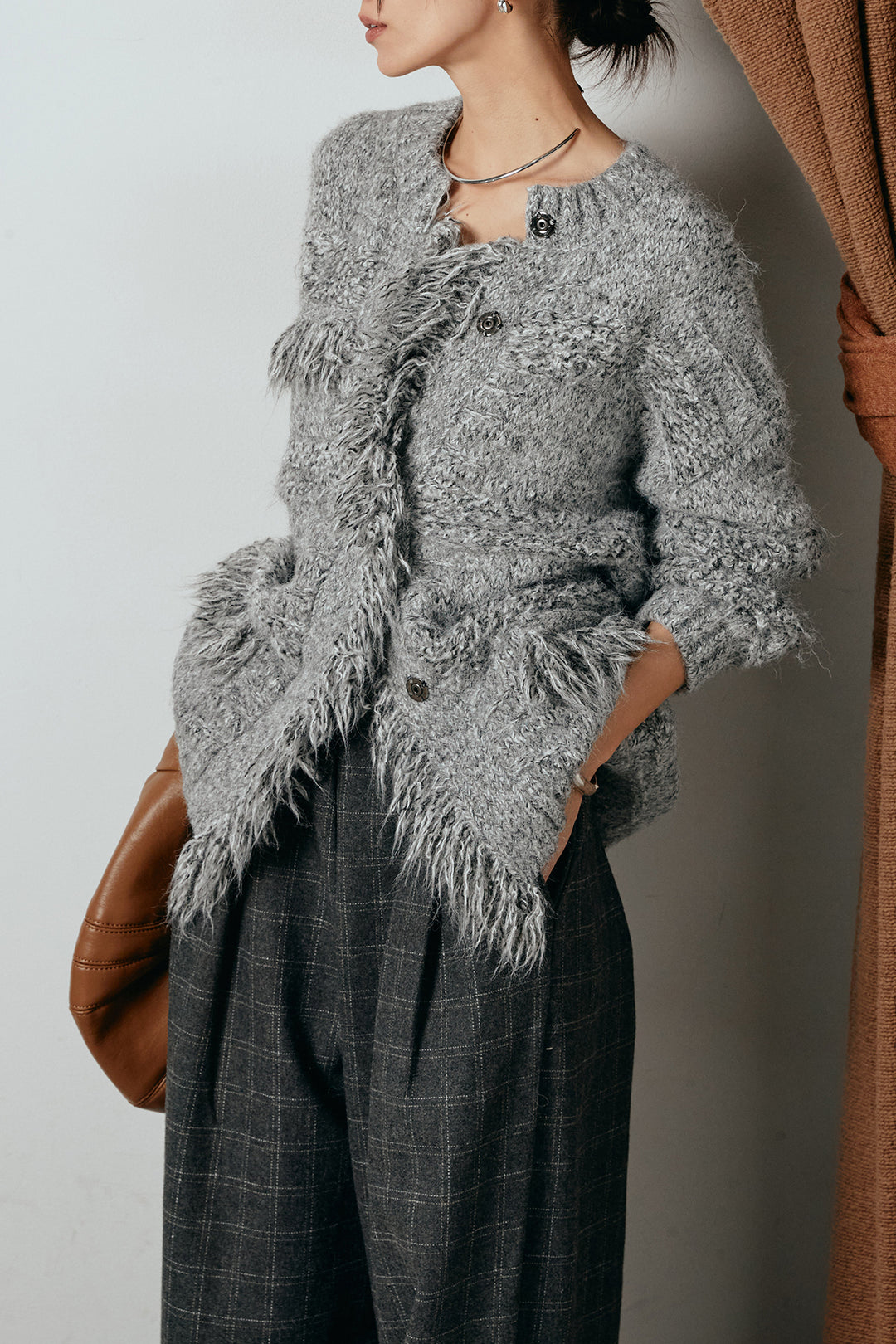 [SET]フリンジニットカーディガン+ウールライクチェックタックパンツ(2set)