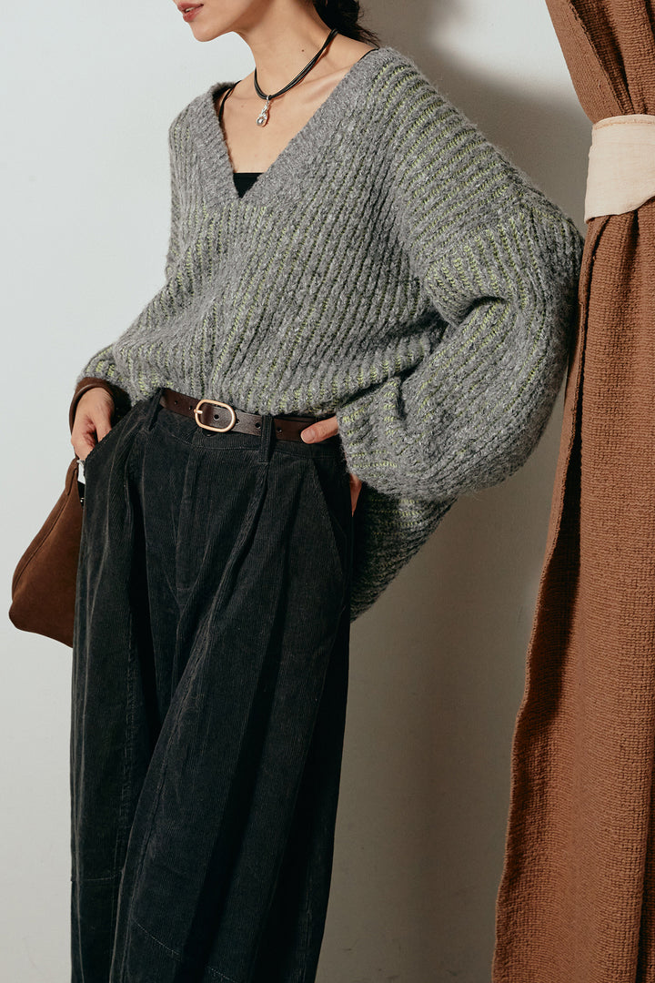 [SET]アルパカタッチ深Vニットトップス+タック入りコーデュロイワイドパンツ(2set)