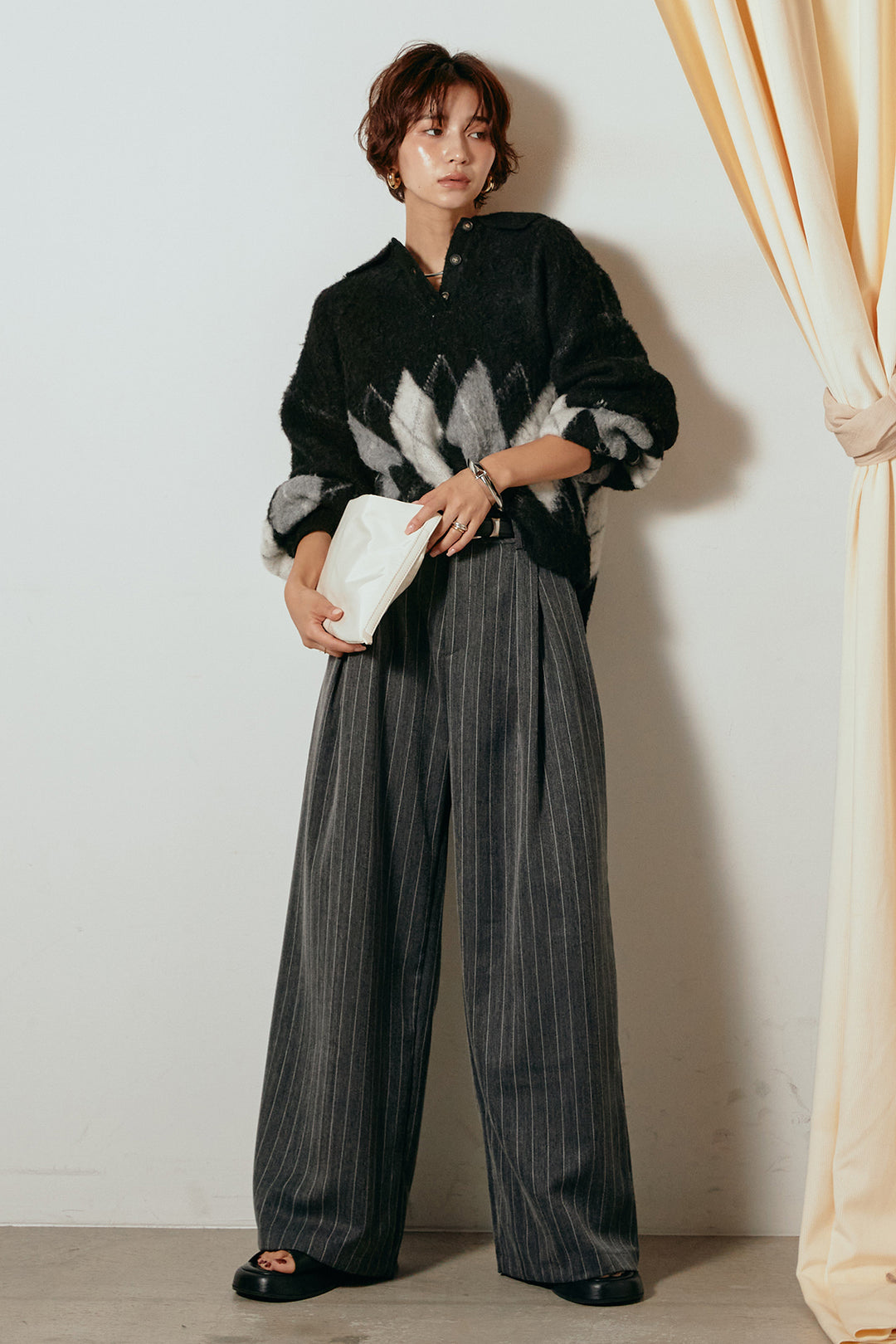 [SET]アーガイル柄ポロニットトップス+ストライプヘリンボーンパンツ(2set)