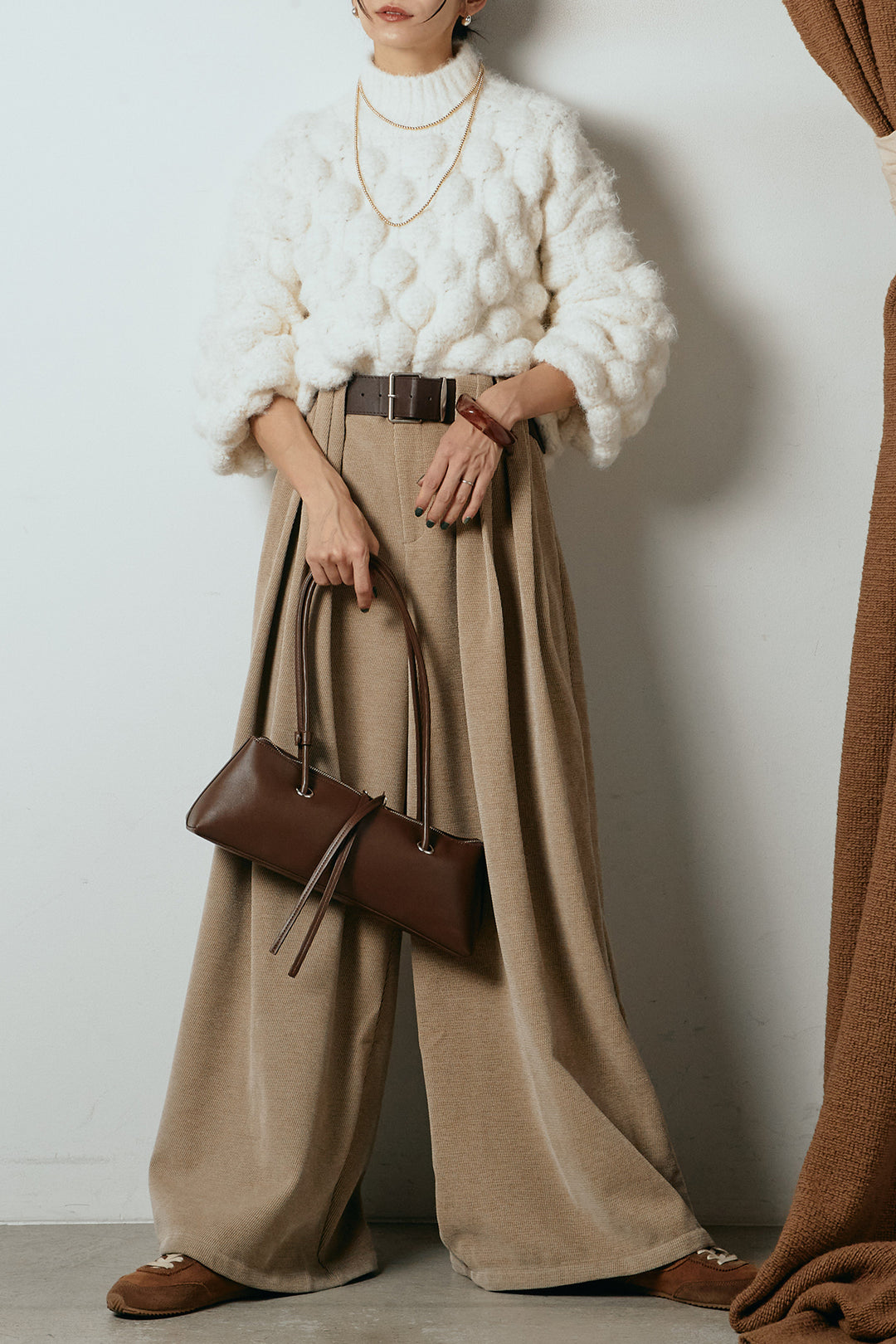 [SET]ボリュームポップコーンニットトップス+ベルトループコーデュロイワイドパンツ(2set)