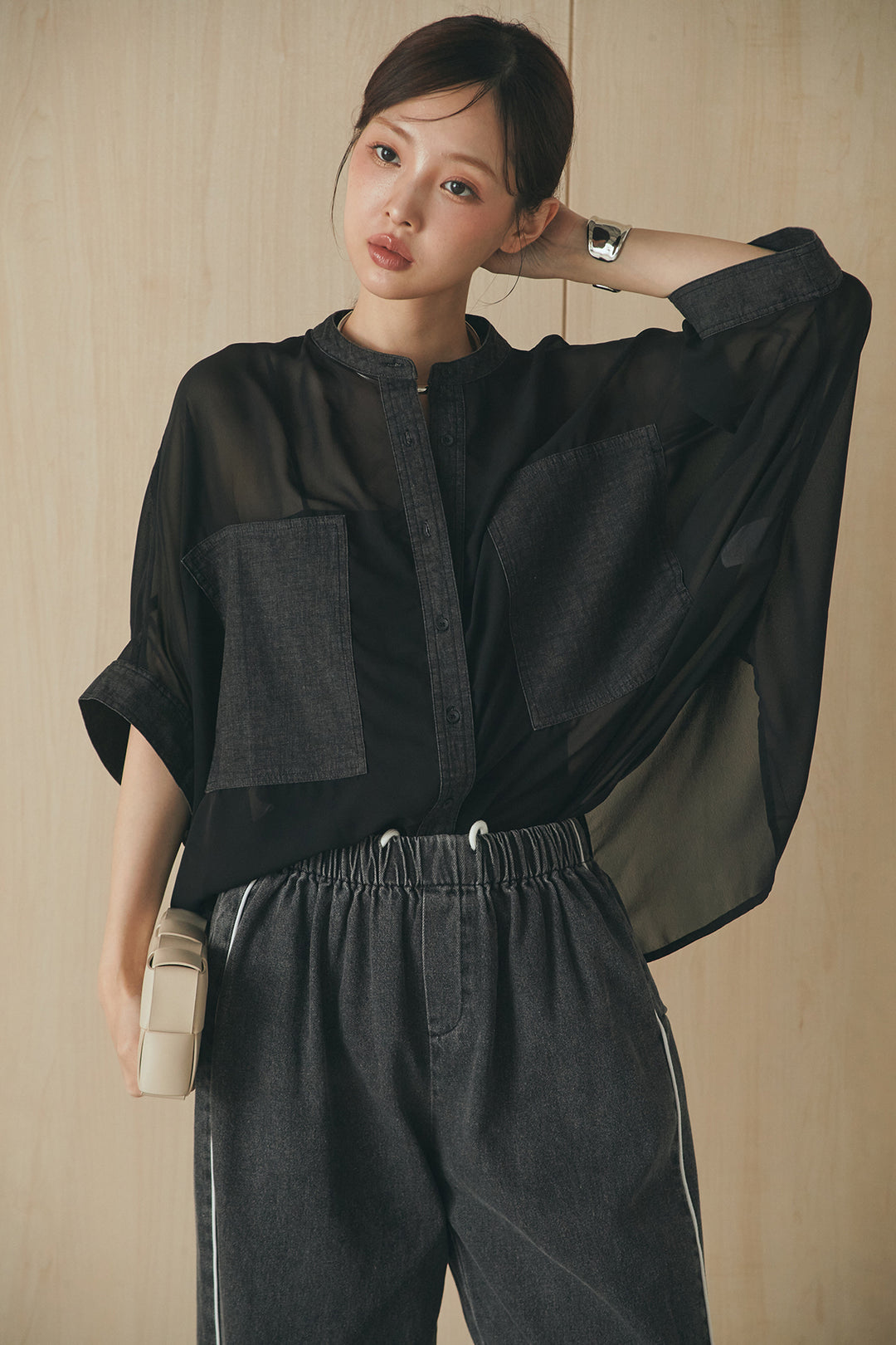 [SET]デニムライクビッグツーポケシアーシャツ+ドロストサイドラインデニムパンツ(2set)
