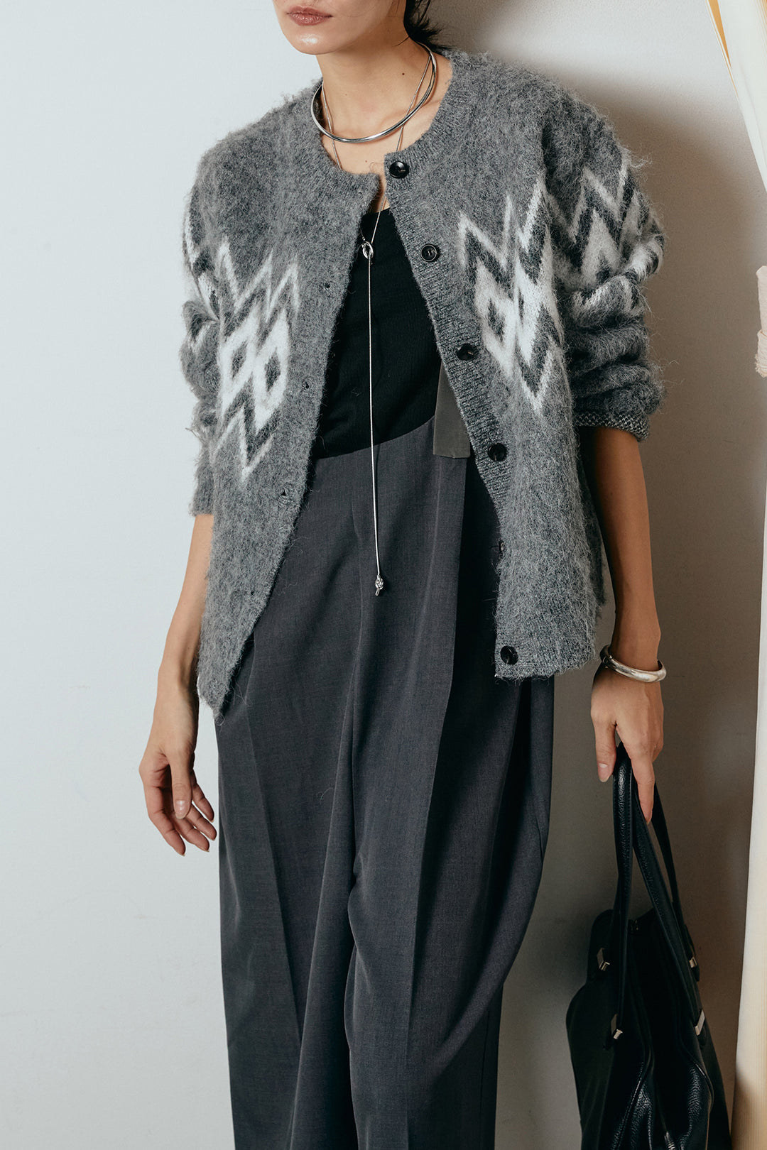 [SET]起毛ノルディック柄ニットカーディガン+ワイドツイルサロペット(2set)