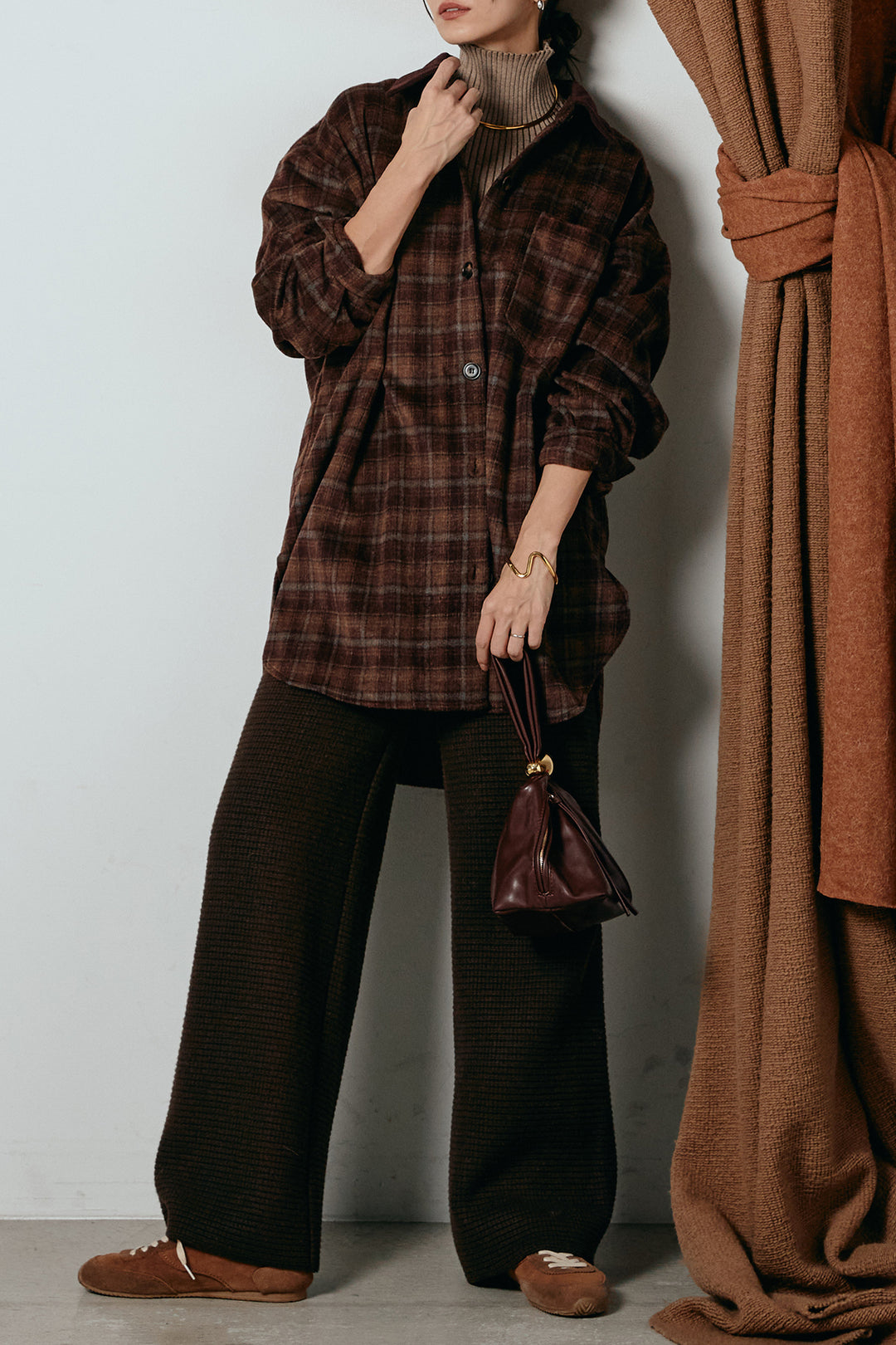 [SET]シャギーチェックシャツジャケット+ワイドリブニットイージーパンツ+リブニットシームレスタートルプルオーバー(3set)