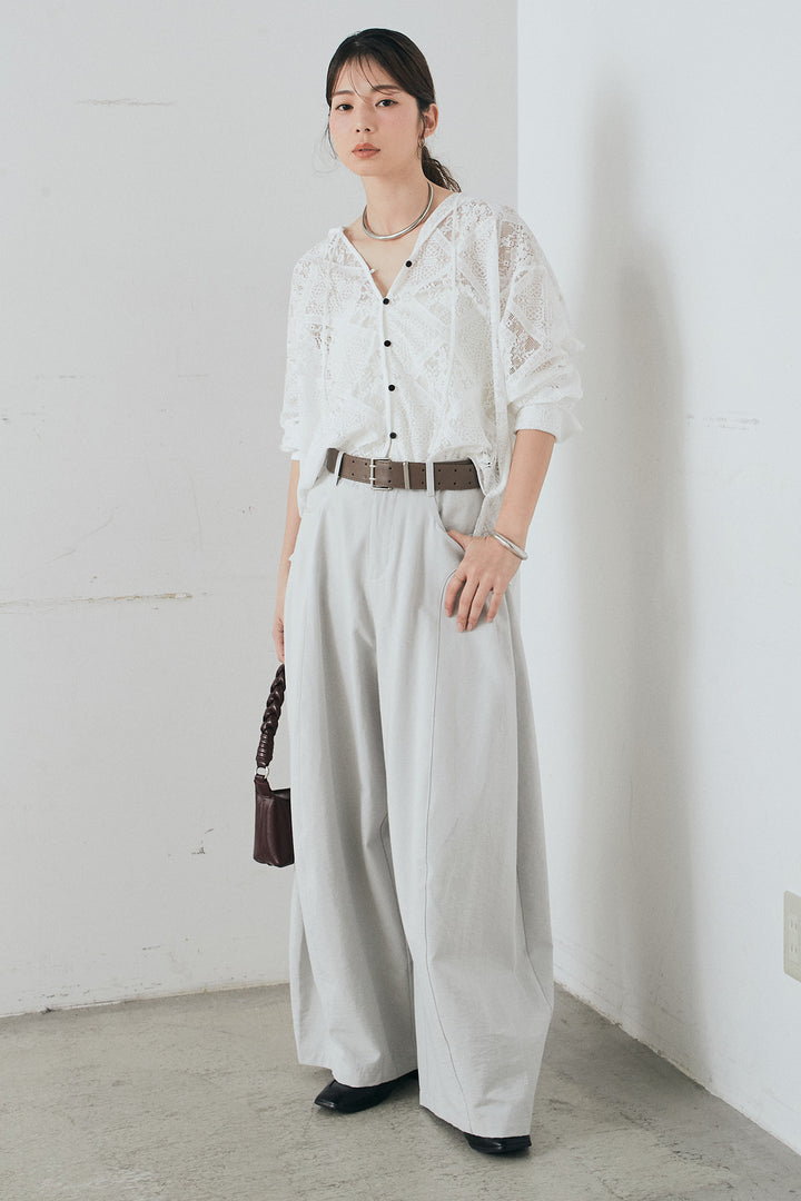 [SET]ブロックレースフード付きブラウス+ベルト付きサイドタックワイドパンツ(2set)