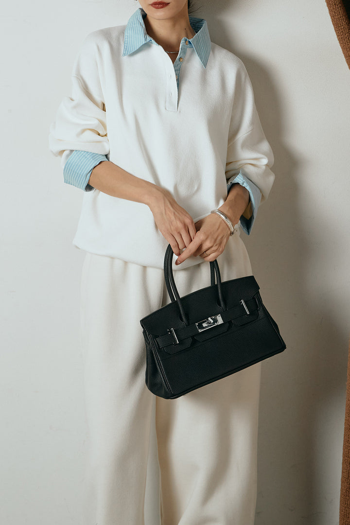 [SET]ストライプシャツドッキングポロトップス+裏起毛スウェットワイドパンツ(2set)