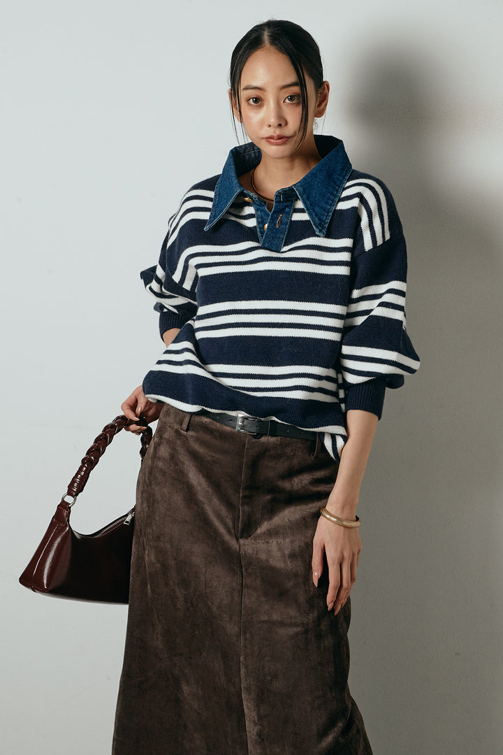 [SET]デニムレイヤード風ランダムボーダーニットプルオーバー+エコスウェードワイドスカート(2set)