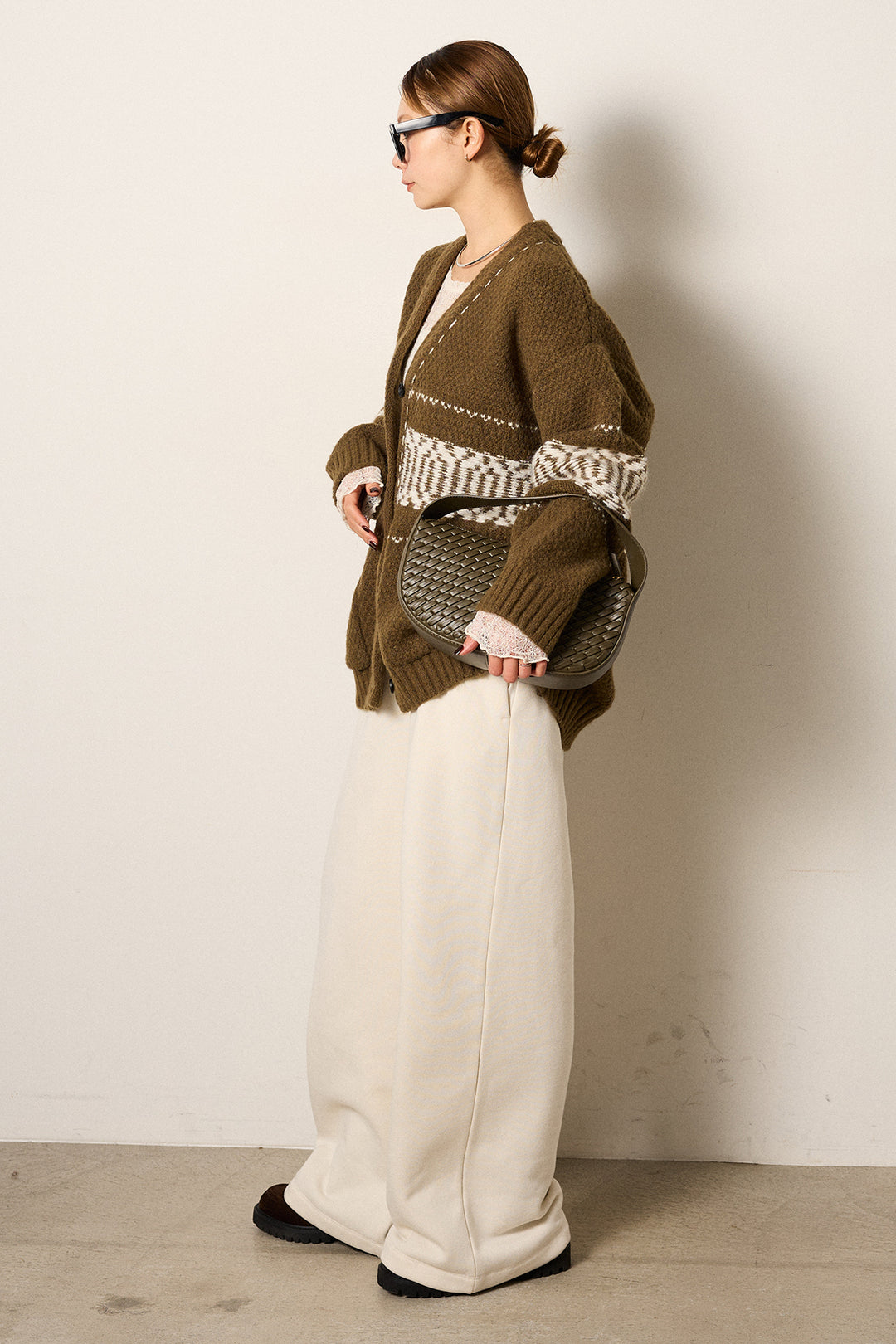 [SET]ライン柄ステッチニットカーディガン+裏起毛スウェットワイドパンツ(2set)