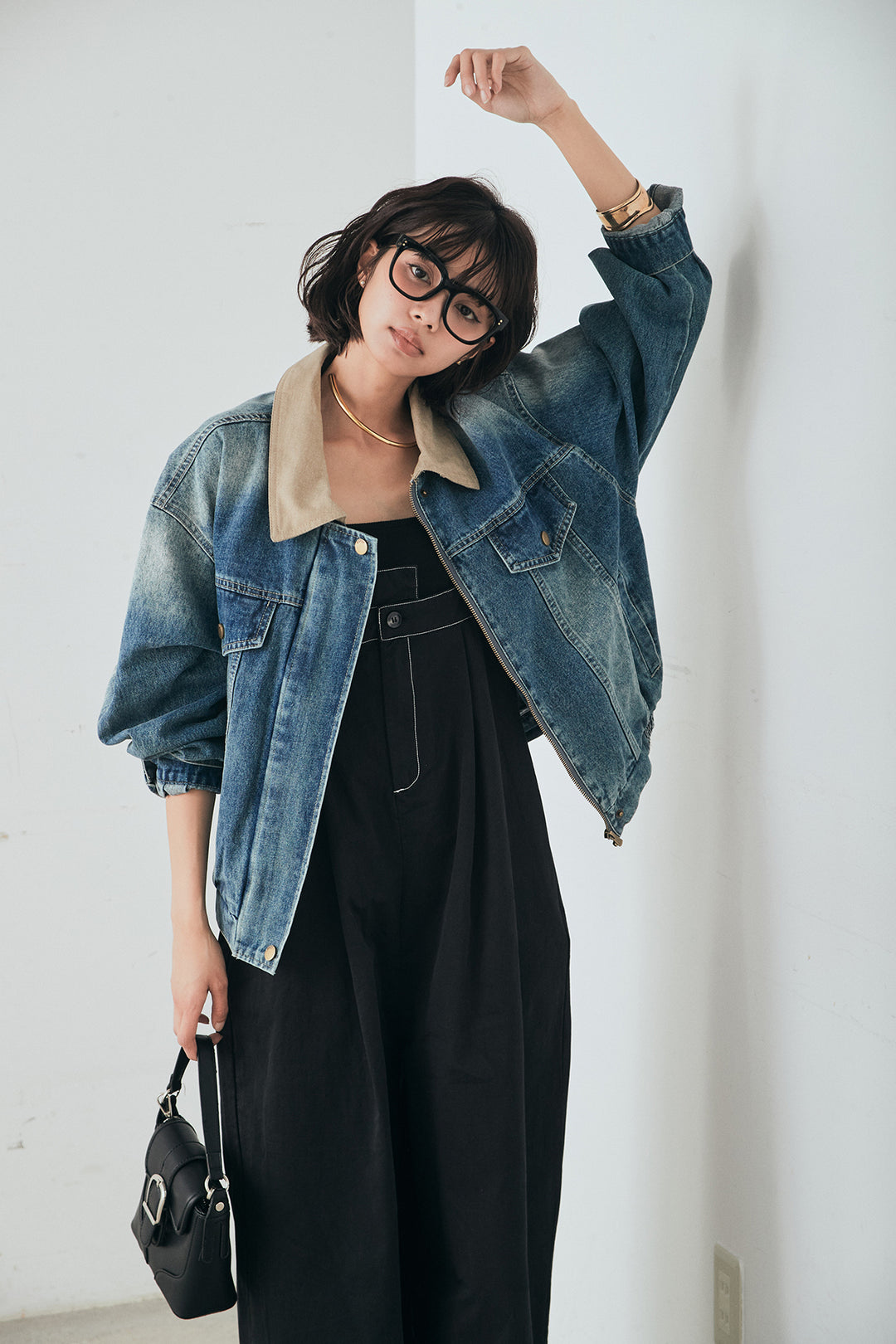 [SET]襟切り替えジップデニムジャケット+綿ツイルアシメサロペット(2set)