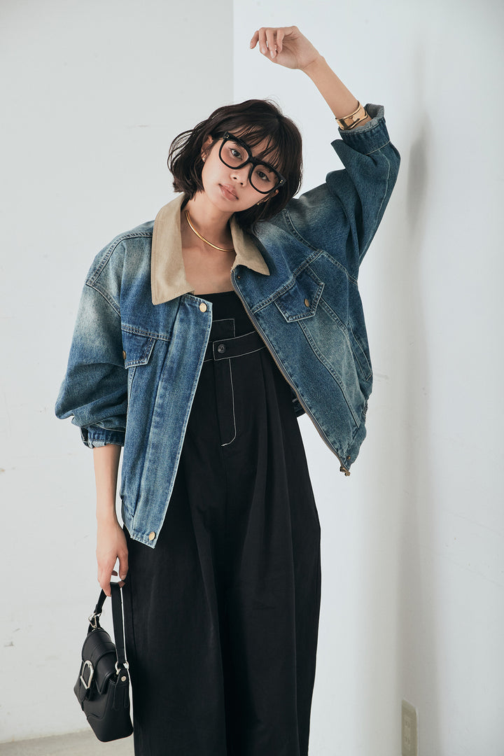 [SET]襟切り替えジップデニムジャケット+綿ツイルアシメサロペット(2set)