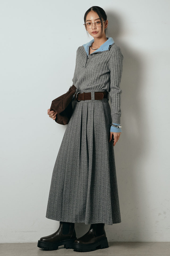[SET]レイヤード風リブニットトップス+太ベルト付きヘリンボーンプリーツスカート(2set)