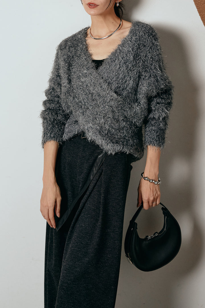 [SET]シャギークロスニットトップス+細ベルト付き起毛タックワイドパンツ(2set)