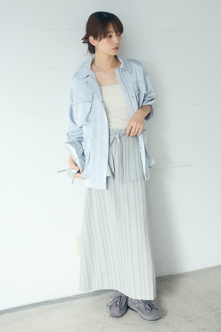 [SET]サテンライトブルゾン+ラップ巻きピンストライプワイドスカート(2set)