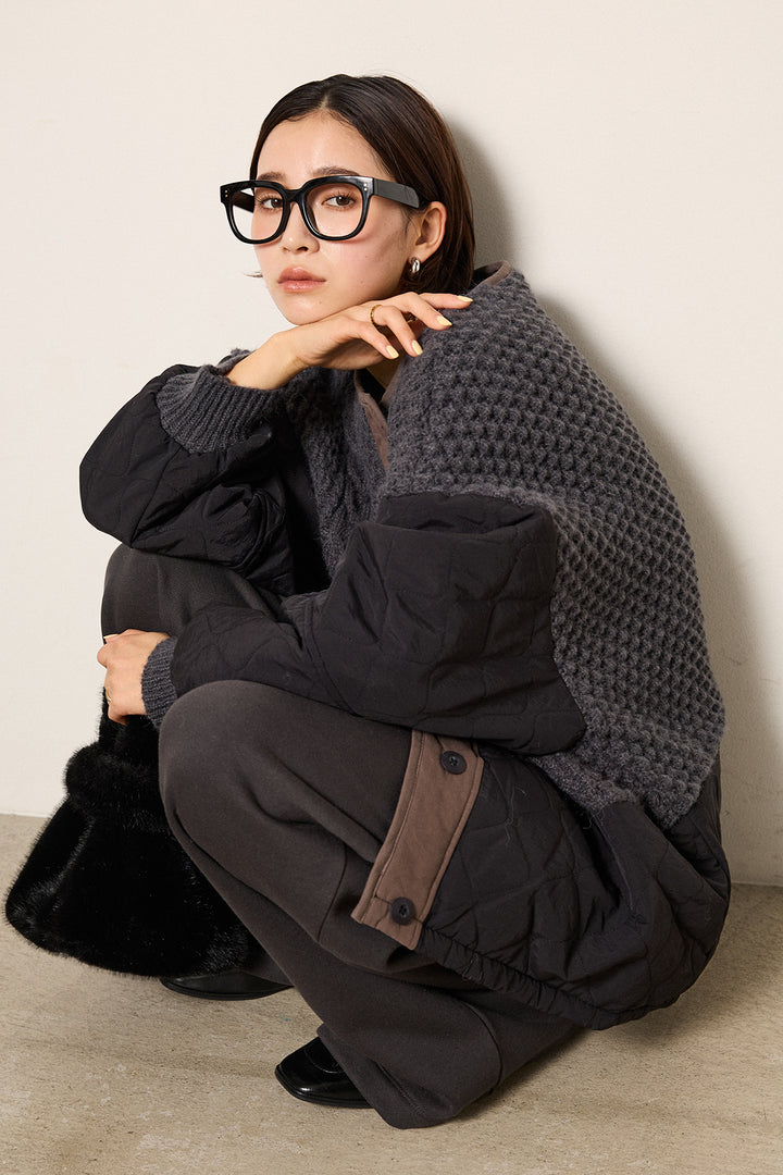 [SET]アラン編みニットノーカラー裾キルティングブルゾン+裏起毛スウェットワイドパンツ(2set)