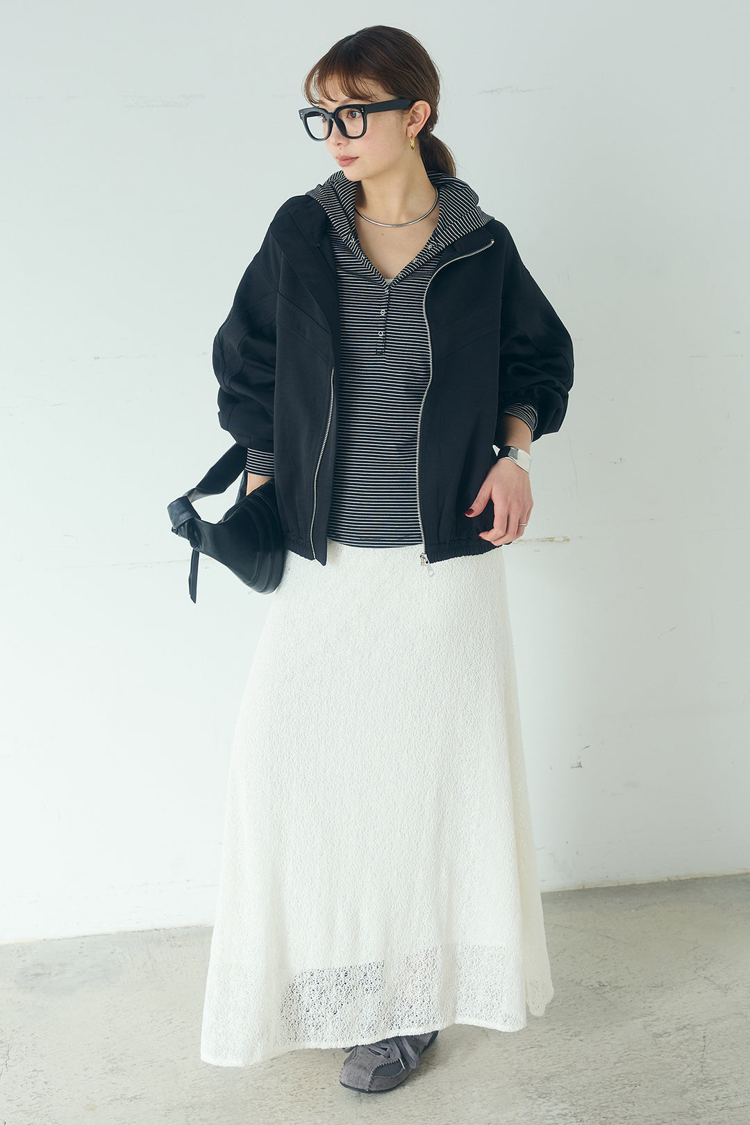 [SET]マルチ切り替えドルマンブルゾン+メッシュ刺繍ロングスカート+ボーダーフーディーロンT(3set)